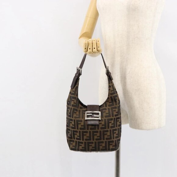 FENDI Zucca Canvas Mamma Baguette Shoulder Bag Black Brown Silver Auth 150142 - Picture 1 of 16